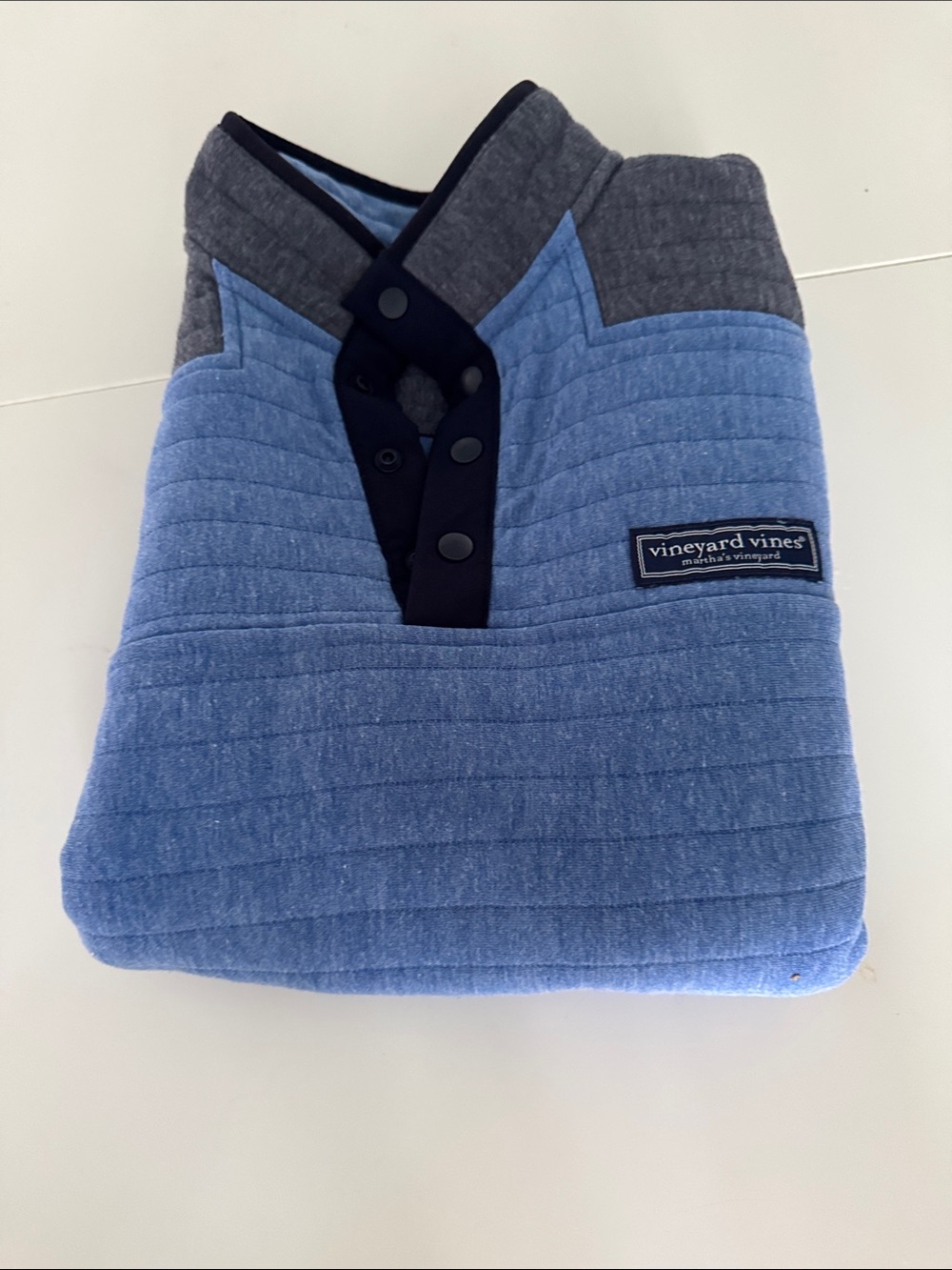 Vineyard Vines Heather Blue Quilted Quarter Button Sweater with Gray Trim - Picture 6 of 6